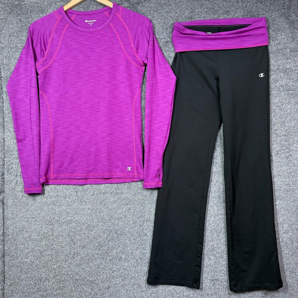 Champion Elite Womens 2 Piece Activewear Set Purple Top Black Yoga Pants Small